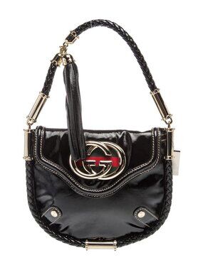Gucci Interlocking G Britt Black Leather Braided Handle Shoulder Bag Gold